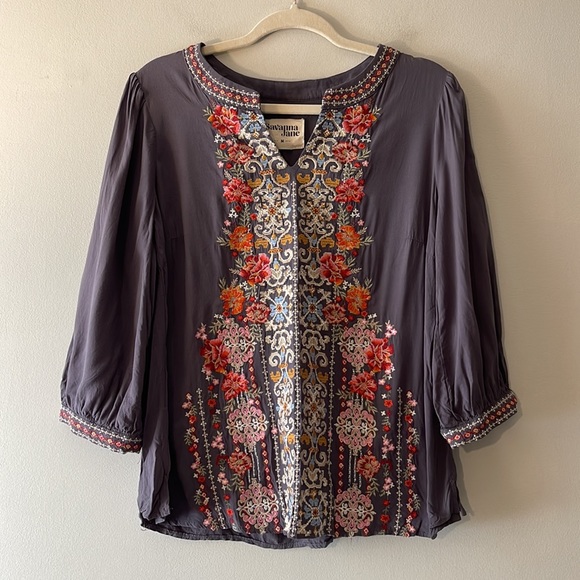 Savanna Jane Tops - Savanna Jane Embroidered Peasant Top Size Medium Grey Charcoal